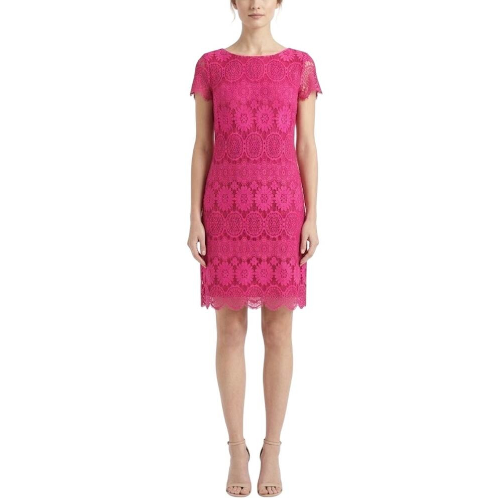Eliza J Pink Cocktail Dress Floral Lace Short Cap Sleeve Colorful Sheath Size 8